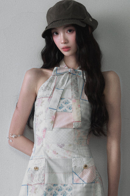 Patchwork Halter Bow Tie Sleeveless Lace Dress