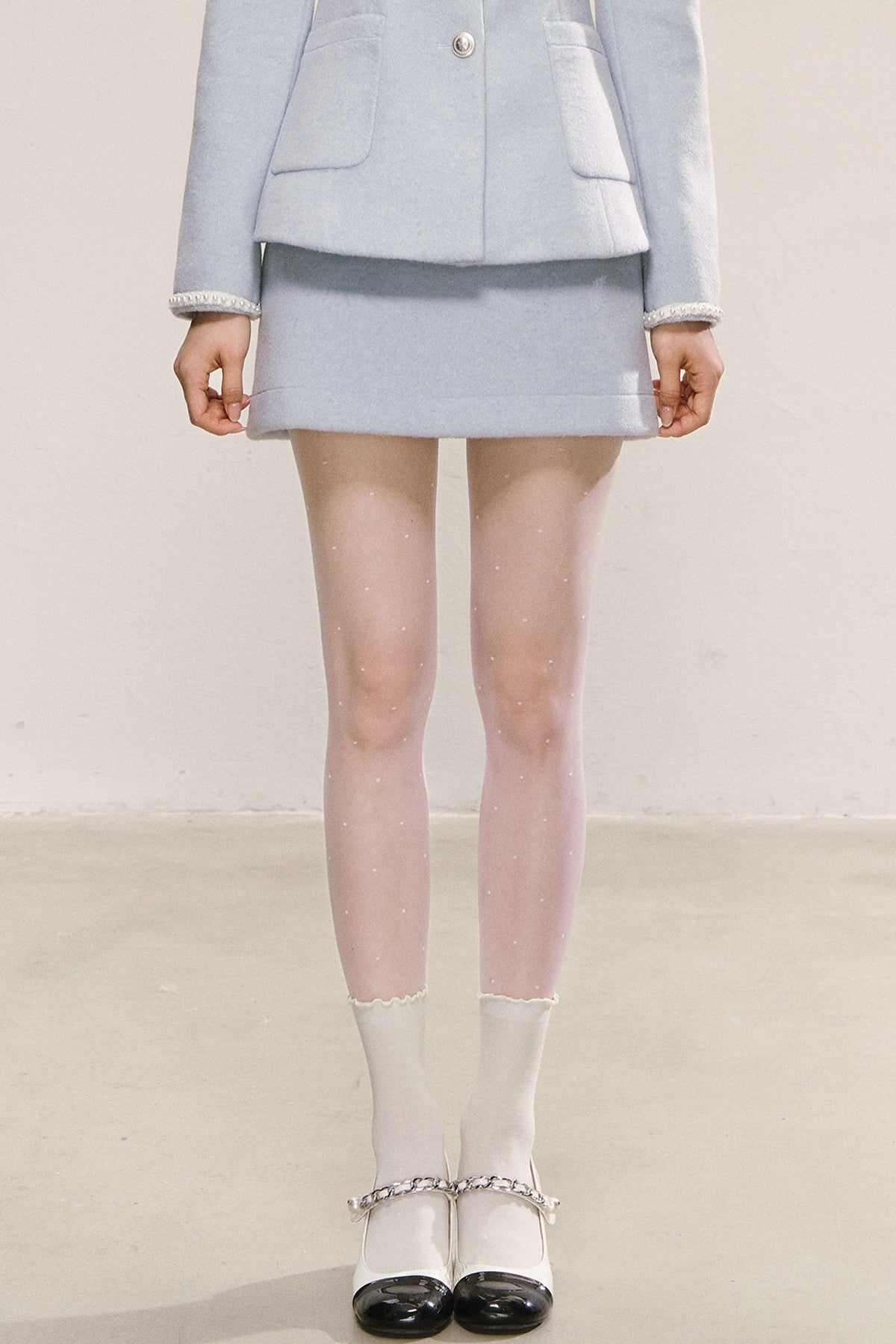 Pearl Round Neck Woolen Coat and Skirt Set-Up