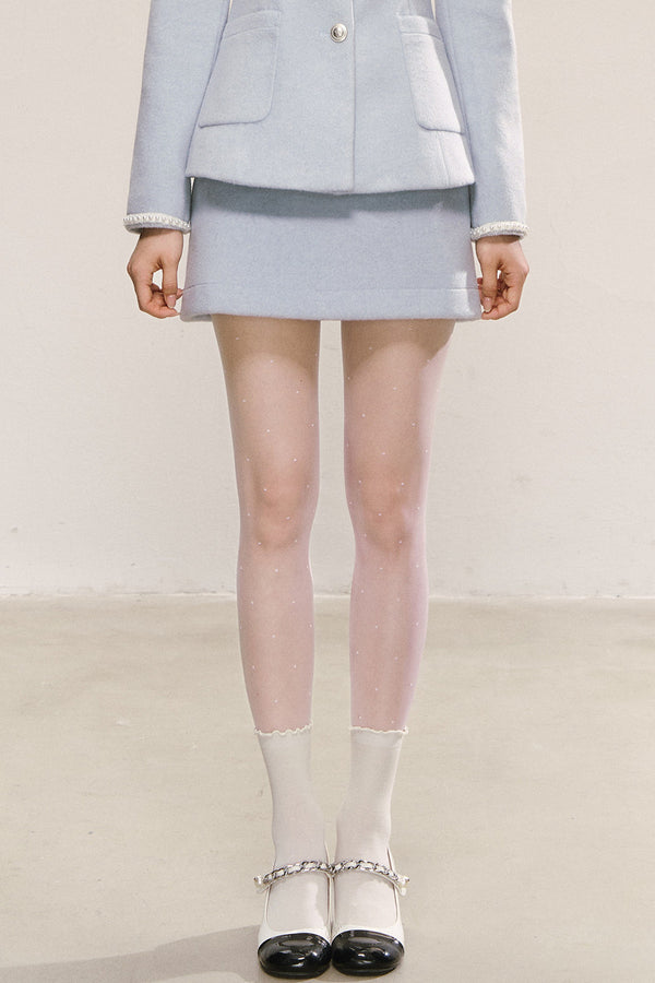Pearl Round Neck Woolen Coat and Skirt Set-Up