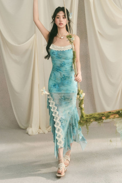 Meerjungfrauenkleid mit Spaghettiträgern und Schmetterlingsspitze