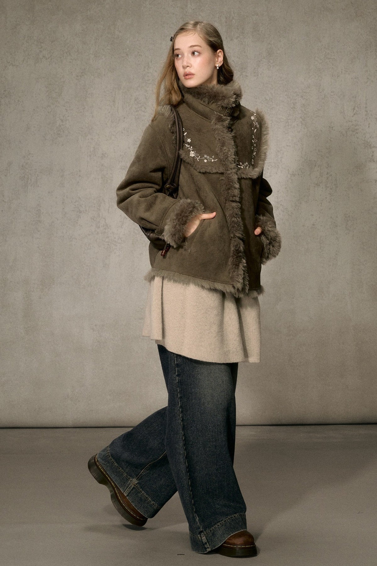 Embroidered Fur Collar Shearling Jacket