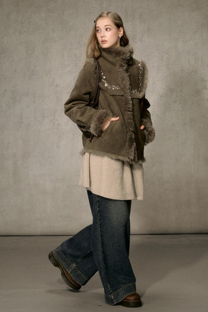 Embroidered Fur Collar Shearling Jacket
