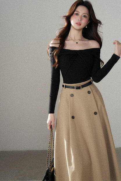 Knot Off-Shoulder Knit Pullover Top and Khaki Skirt Set-Up