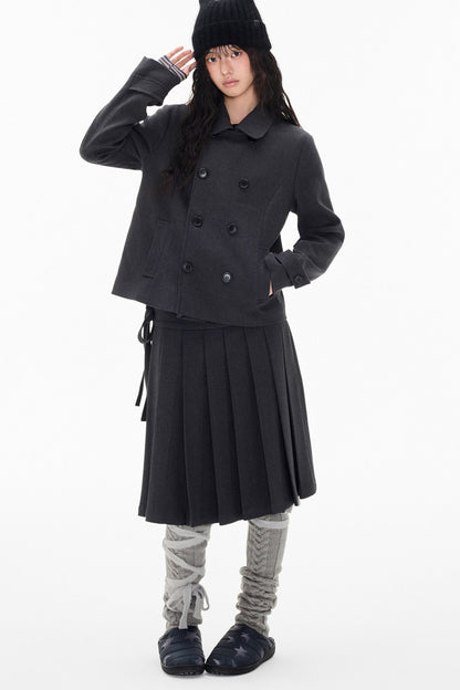 Double-Breasted Wool Coat and Pleated Skirt Set