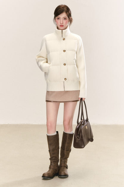 White Stand-Collar Knit Patchwork Down Jacket