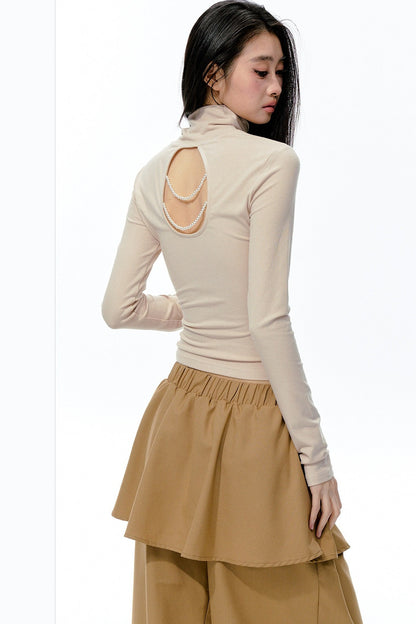 Large Hollow-Out Pearl Chain High-Neck Knit Top