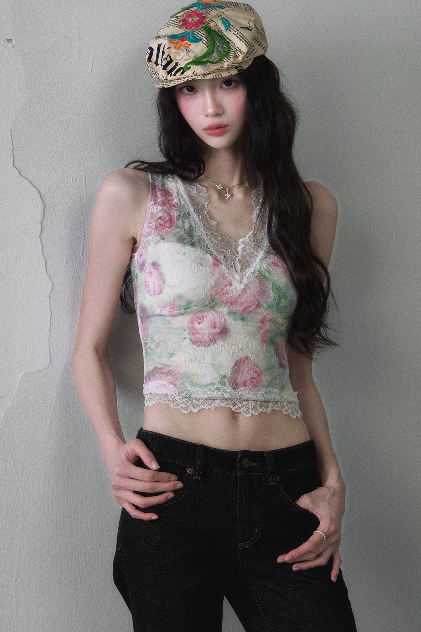 Rose Oil Painting Lace Vest