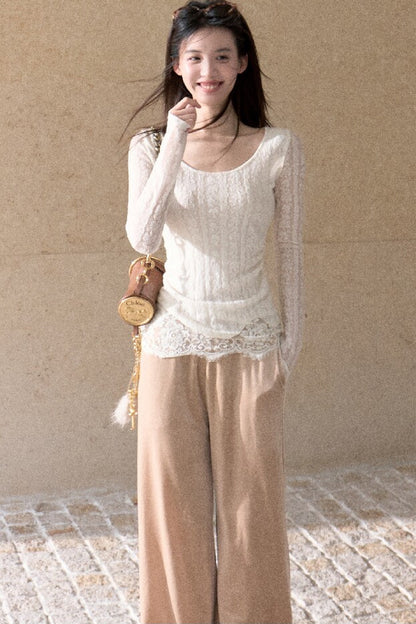 Jacquard Spliced Lace Knit Top