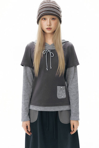 Layered-Look Hooded Long-Sleeve Top