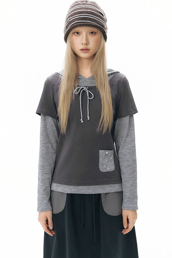 Layered-Look Hooded Long-Sleeve Top