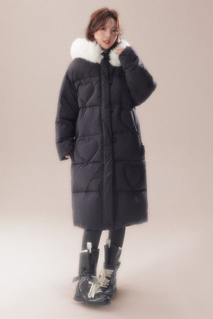 Long Heart Quilted Fur Collar Down Coat