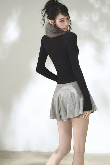 Vertical Striped Diamond Knit Cardigan and Ruffled Dress Set-Up
