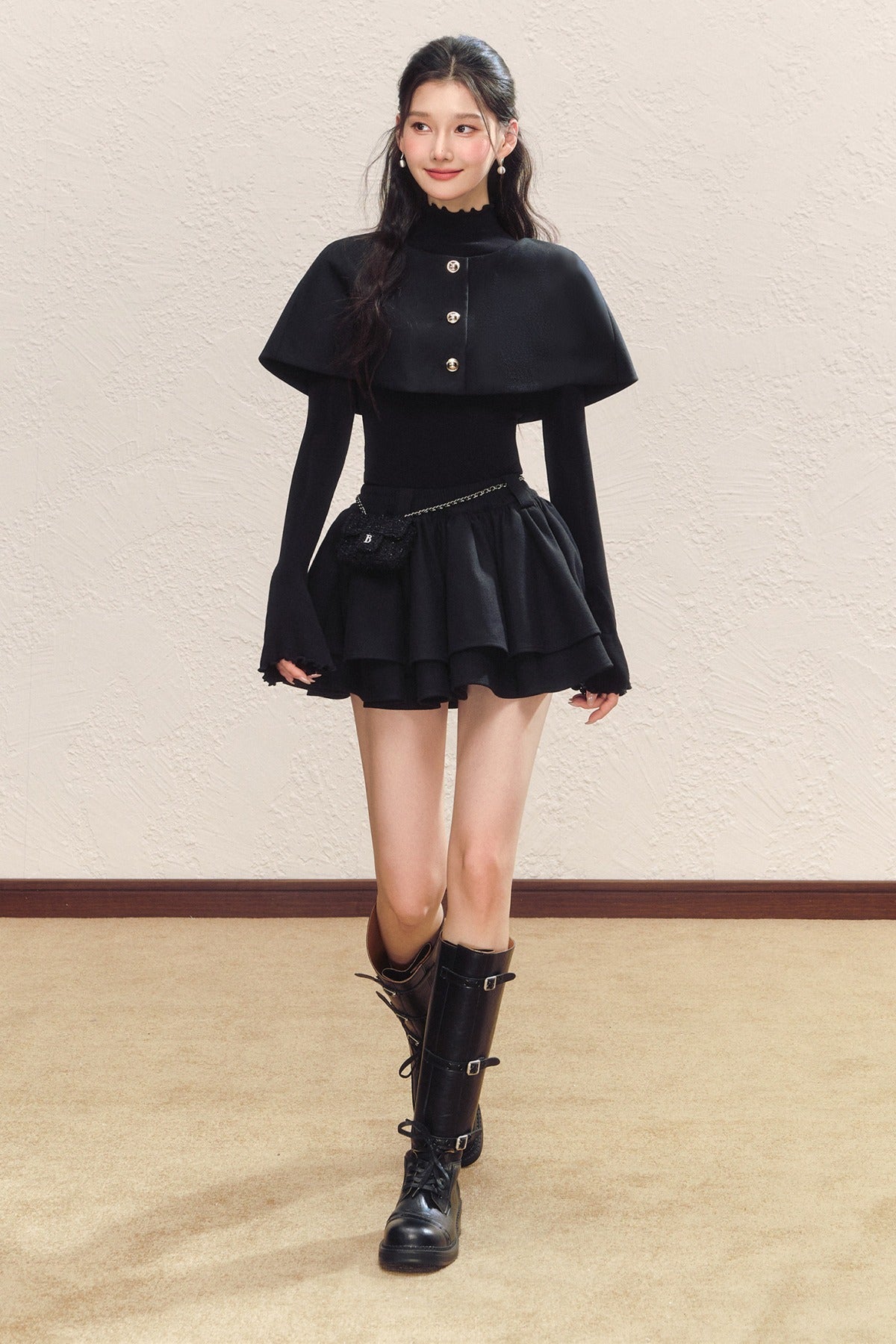 Black Long-Sleeve Base Shirt and Knitted Skirt Set-Up