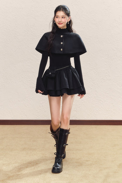 Black Long-Sleeve Base Shirt and Knitted Skirt Set-Up