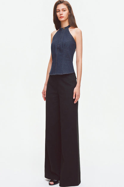 Top all'americana in denim con cuciture a contrasto e schiena scoperta