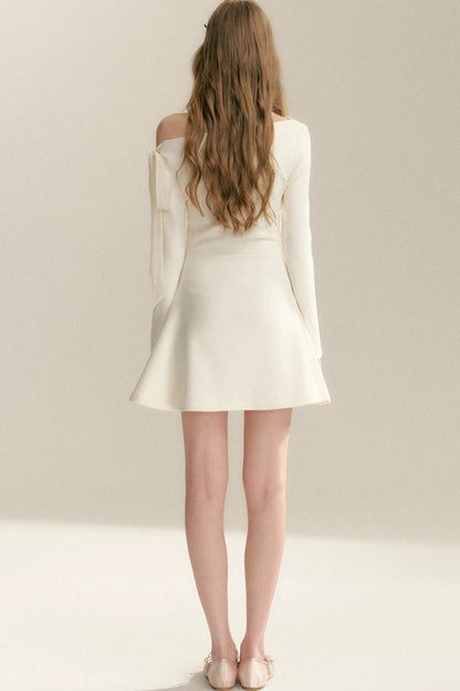 Pleated Tulle Bow Long-Sleeve Dress