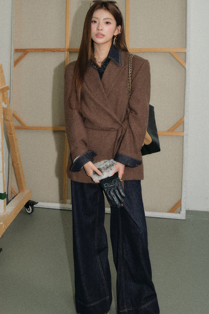 Coffee Lace-Up Woolen Linen Suit Jacket, Jeans and Top Set-Up
