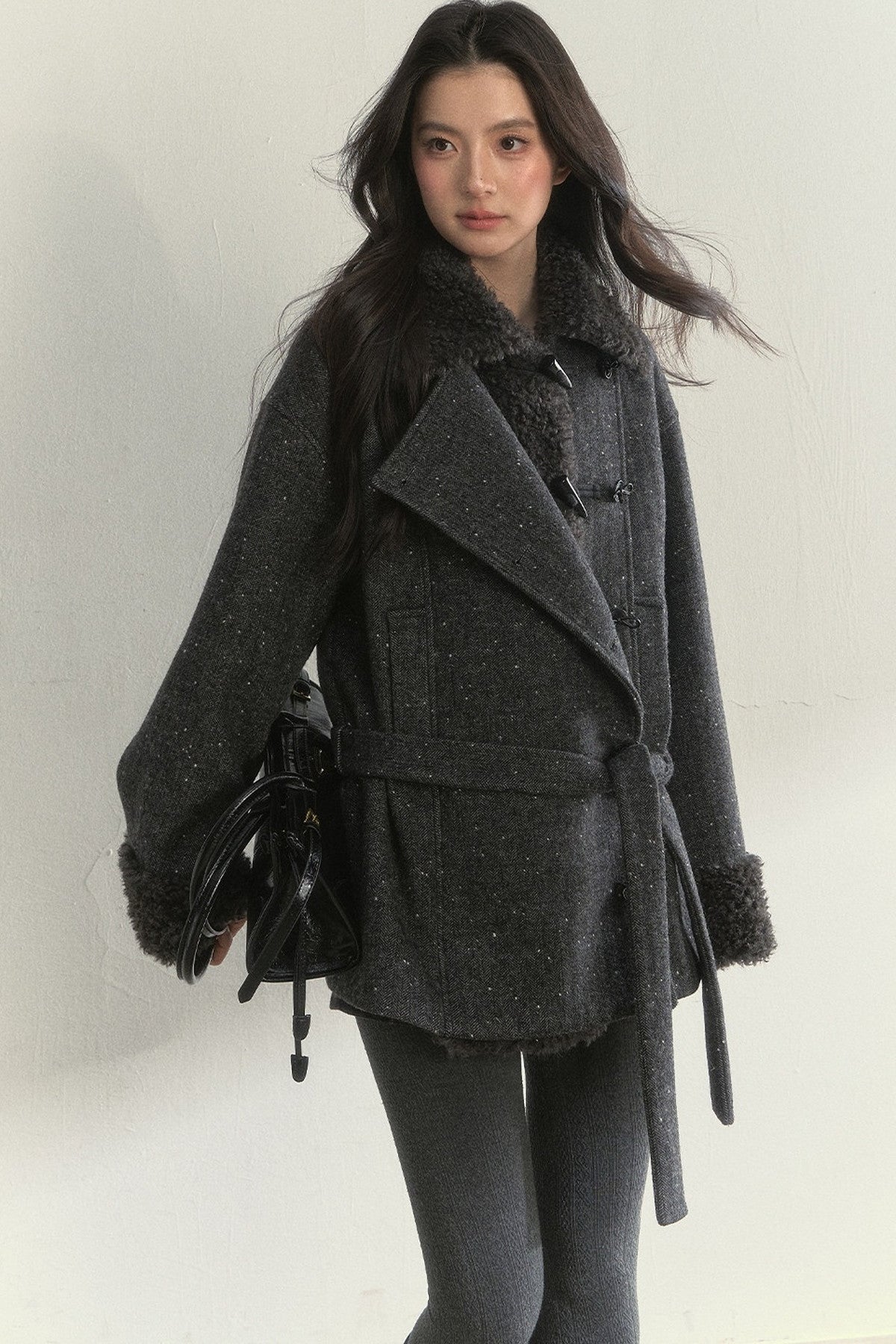 50% Wool Lapel Plush Patchwork Jacket
