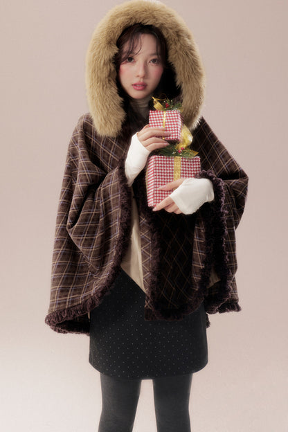 Plaid Fur Collar Hooded Shawl Cape