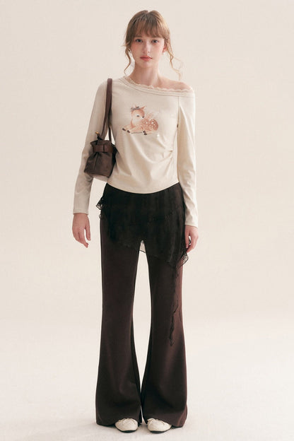 Pantalon évasé teint sur mesure avec jupe superposée en dentelle irrégulière