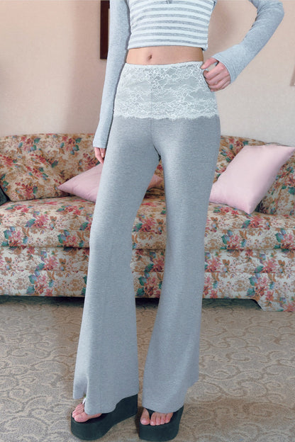 Pantaloni svasati a vita bassa grigi con inserti in pizzo