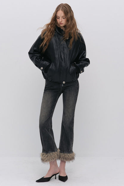 Textured Leopard Fur Collar PU Jacket