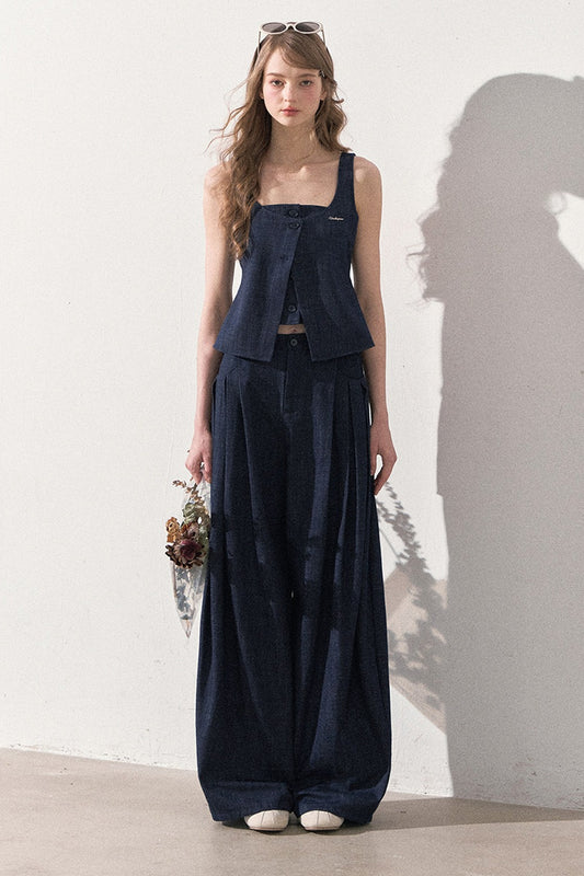 Layered-Look Faux Denim Vest and Wide Leg Pants Set-Up