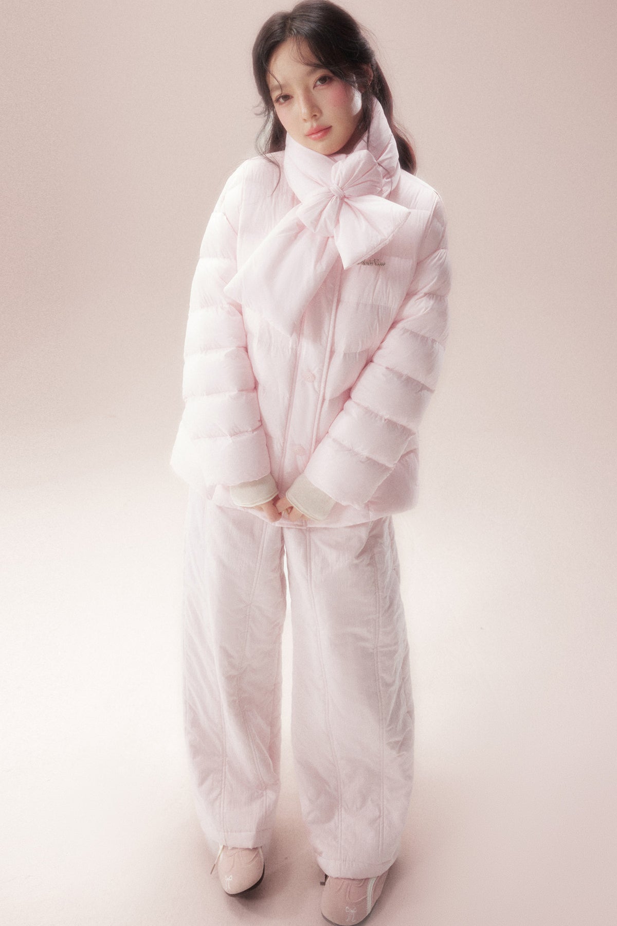 Bow-Knot Scarf Mid-Length Down Jacket