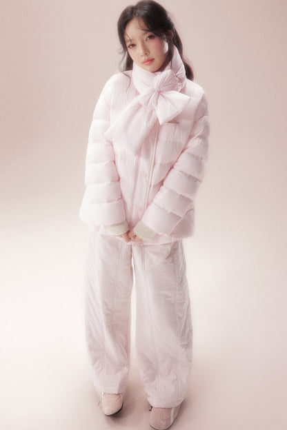 Bow-Knot Scarf Mid-Length Down Jacket