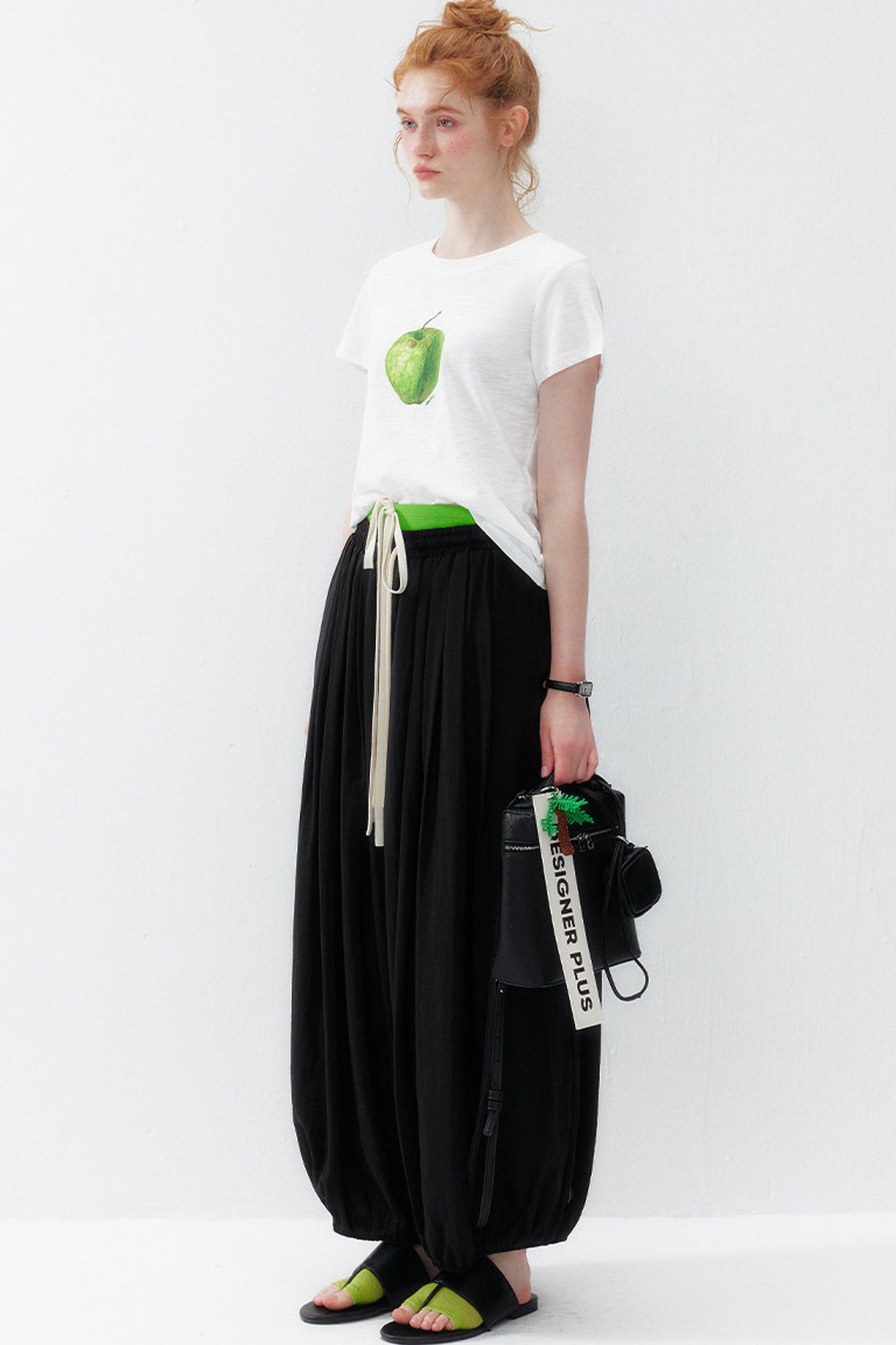 White Green Apple Print Blouse
