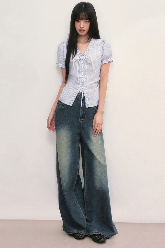 Ruffled Short-Sleeve Shirt and Pants Set-Up