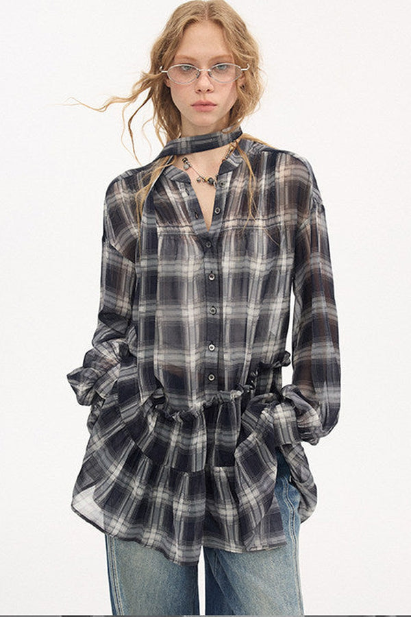 Plaid Drop Shoulder Ruffle Blouse