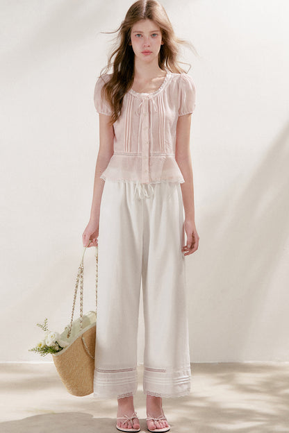 Tencel Linen Straight Leg Cropped Hollow Lace Pants