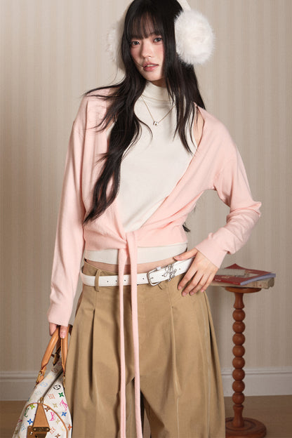 Layered High-Neck Vest and Tie-Up Cardigan Set-Up