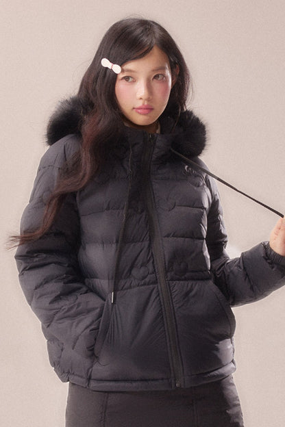 Heart Quilted Fur Collar Hooded Jacket