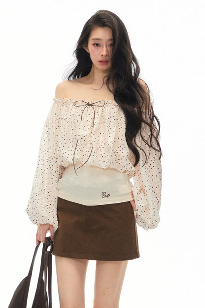 Polka Dot Off-Shoulder Chiffon Top and Skirt Set-Up