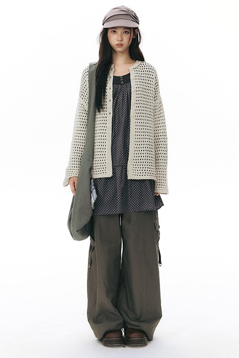 Solid Color Hollow Knit Cardigan