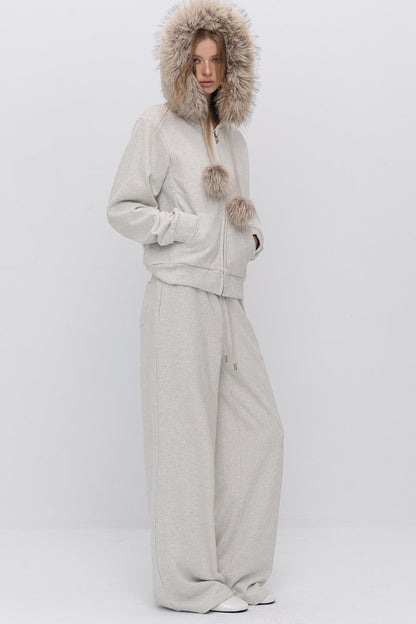 Fur Trim Hooded Sweatshirt and Sweatpants Set-Up