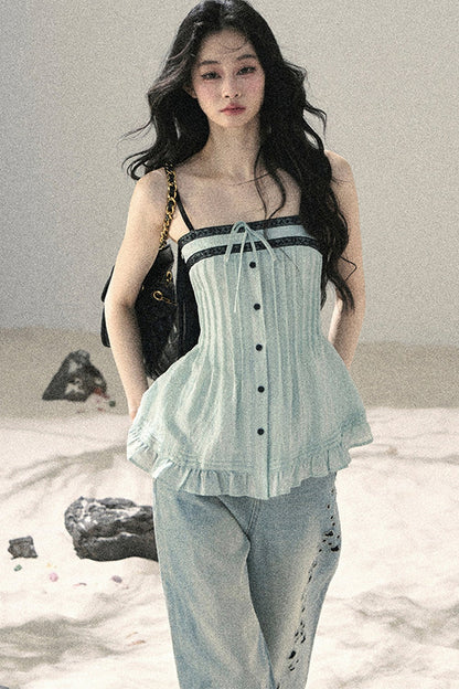 One-Shoulder Ruched Lace Camisole