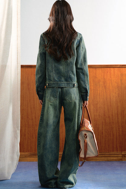 Retro Washed Denim Top and Wide-Leg Pants Set-Up