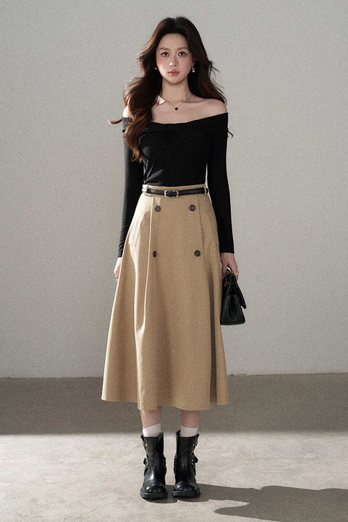 Knot Off-Shoulder Knit Pullover Top and Khaki Skirt Set-Up