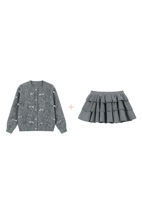 Ballet Bow Knit Cardigan With Skirt Set