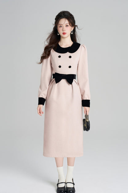 Pink Woolen Cinched Waist Dress