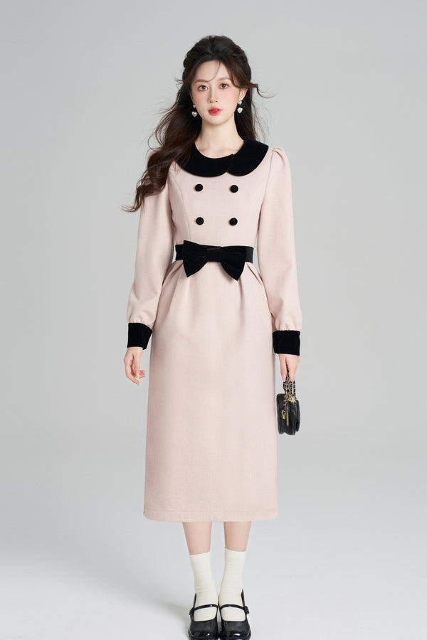 Pink Woolen Cinched Waist Dress
