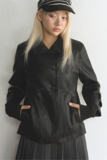 Black Double-Breasted PU Leather Top and Skirt Set-Up