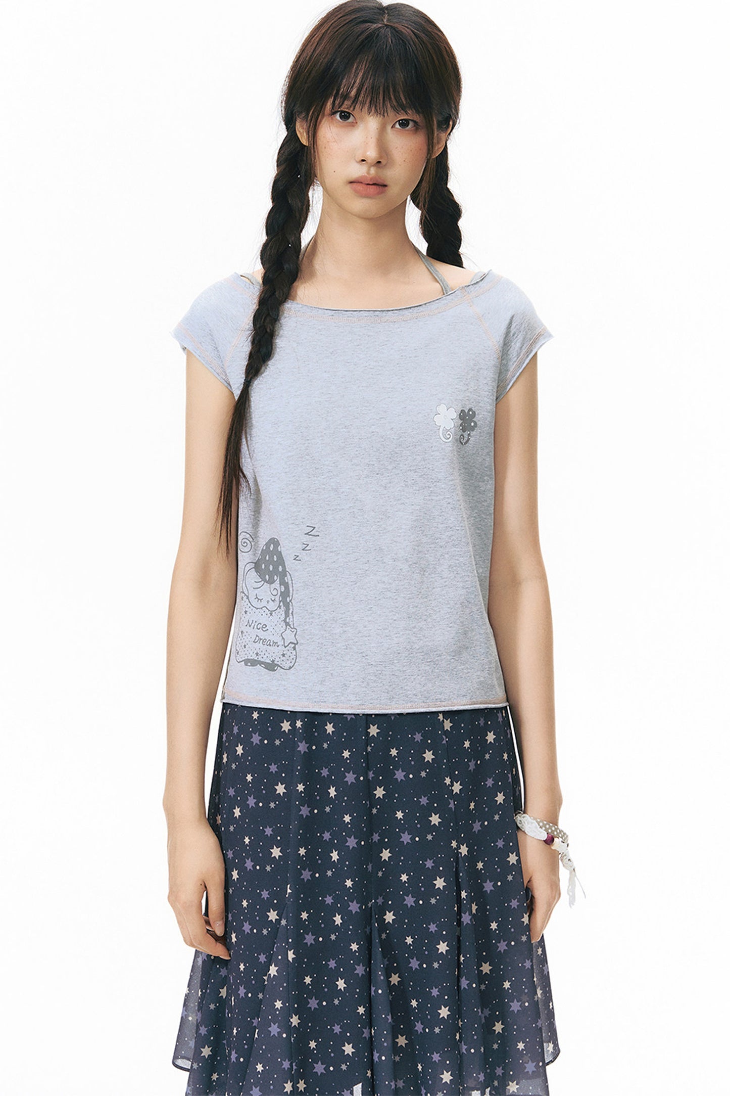 Starwii Printed Asymmetrical Shoulder Frayed Neckline T-Shirt