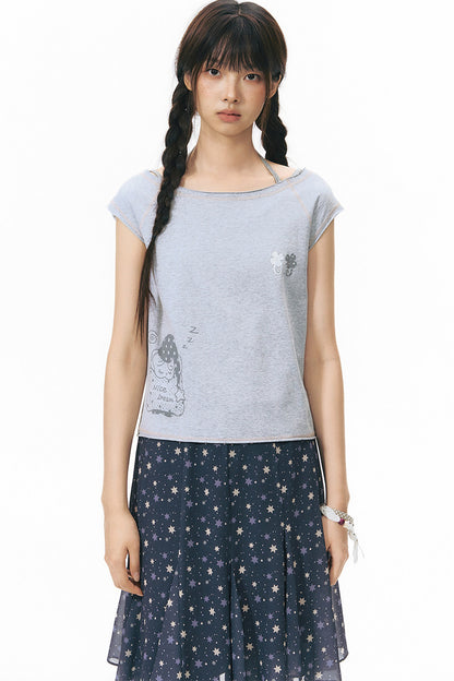 Starwii Printed Asymmetrical Shoulder Frayed Neckline T-Shirt