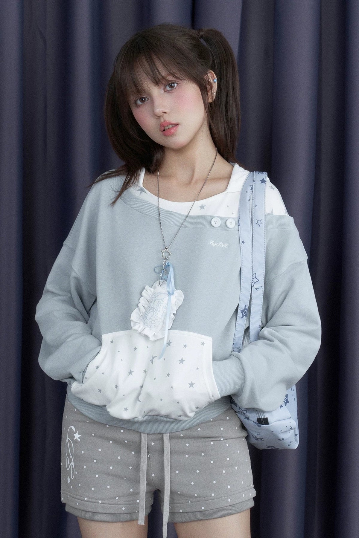 Blue White Star Layered-Look Hooded Sweatshirt