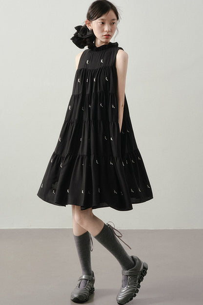 Embroidered Sleeveless Ruffle Stand Collar Dress