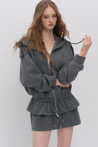 Silhouette Drawstring Hoodie and Studded Skirt Set-Up